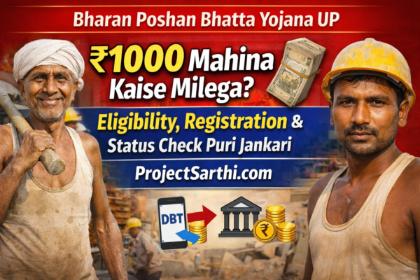 Bharan Poshan Bhatta Yojana UP ₹1000 mahina eligibility registration status check guide with labor workers image and PTCDarbhanga branding