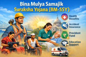 Bina Mulya Samajik Suraksha Yojana BM-SSY banner showing unorganized workers, healthcare support, accident insurance, provident fund, and education assistance in West Bengal.
