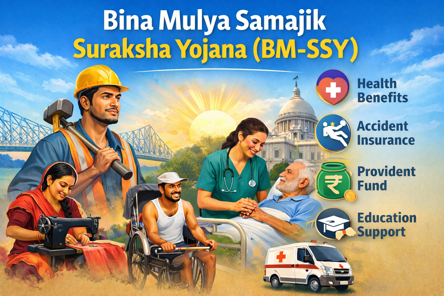 Bina Mulya Samajik Suraksha Yojana BM-SSY banner showing unorganized workers, healthcare support, accident insurance, provident fund, and education assistance in West Bengal.