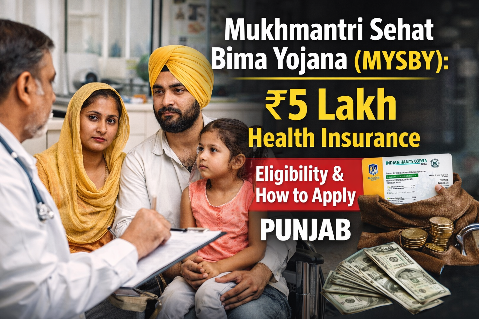 Mukhmantri Sehat Bima Yojana Punjab MYSBY realistic thumbnail showing 5 lakh health insurance coverage eligibility and application process with family and doctor