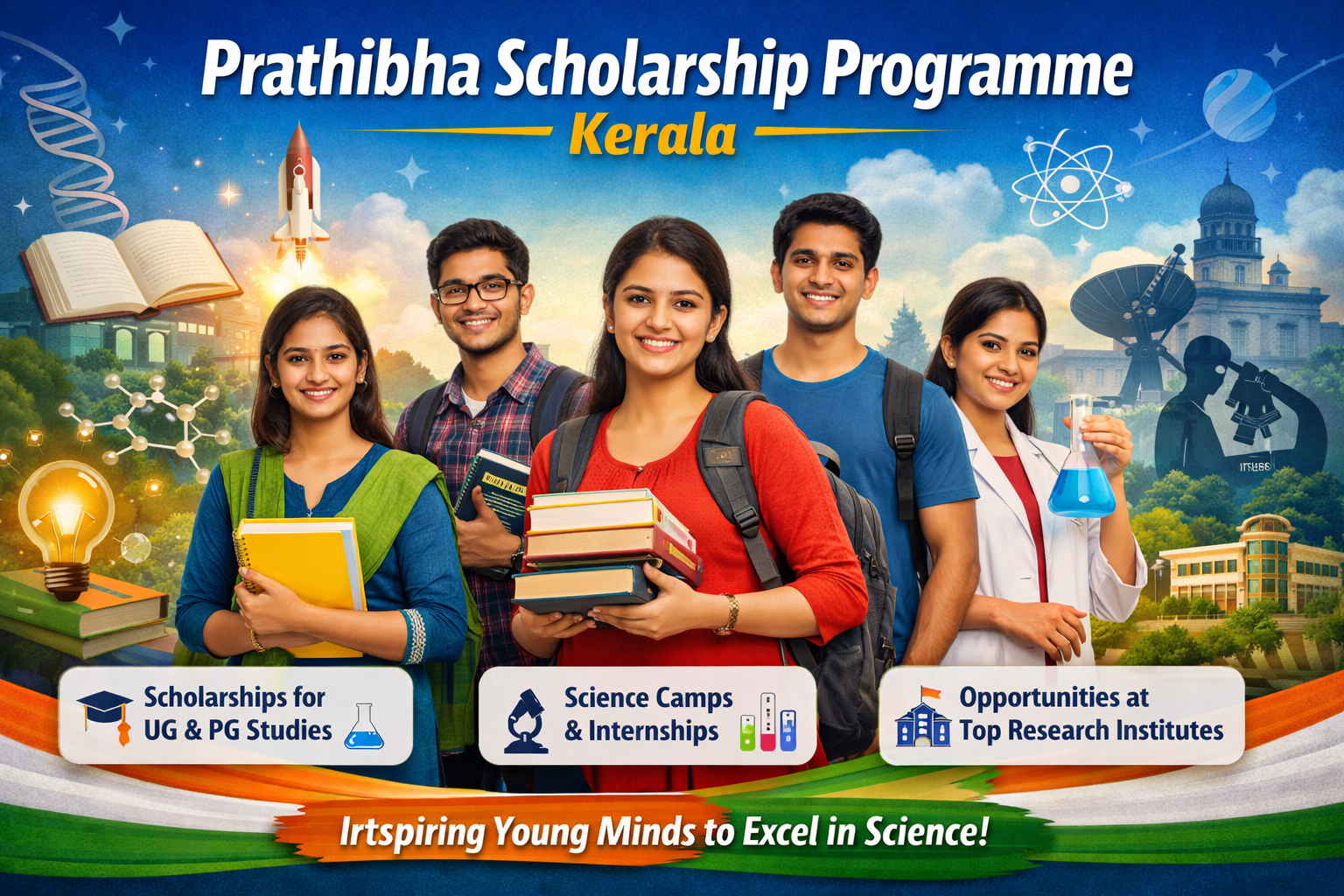 Prathibha Scholarship Programme Kerala 2026: Up to ₹60,000 Scholarship for Science Students – Check Eligibility & Benefits 1 Prathibha Scholarship Programme Kerala 2026 banner showing science students with books and lab equipment highlighting UG PG scholarship benefits up to 60000 rupees.
