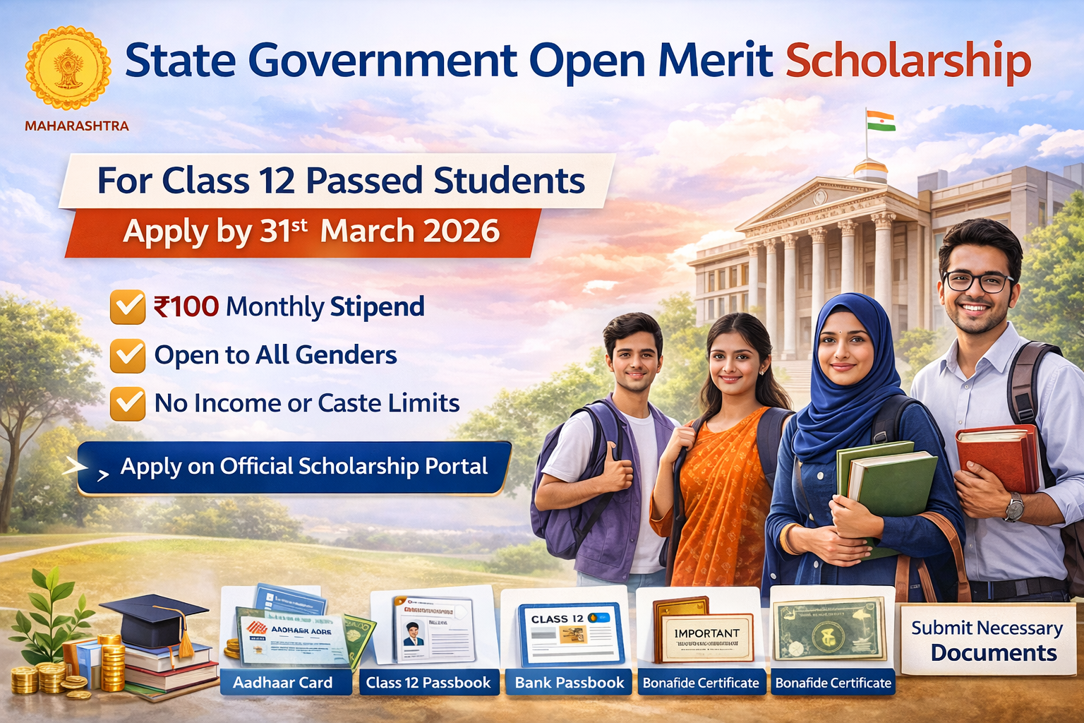 State Government Open Merit Scholarship 2026 banner showing ₹100 monthly stipend, eligibility for Class 12 passed students, Maharashtra DHE scholarship details, and application deadline 31 March 2026.