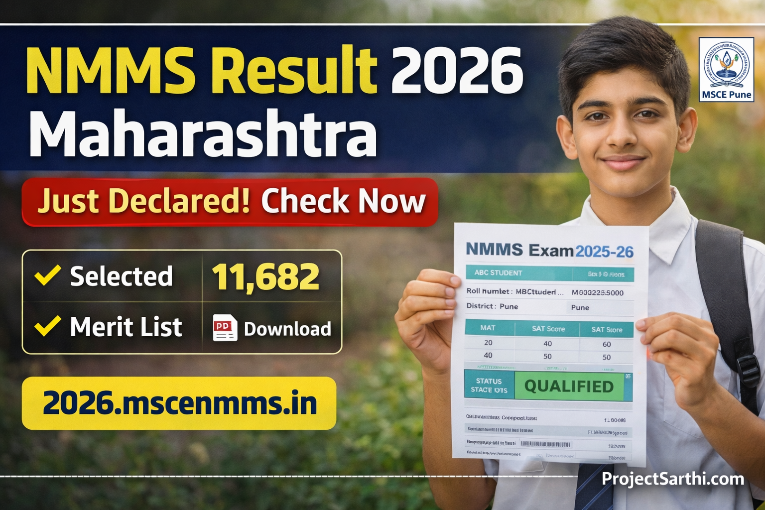 NMMS Result 2026 Maharashtra thumbnail: MSCE Pune declared result, scorecard check, merit list PDF download, 11,682 selected, 2026.mscenmms.in – PTCDarbhanga.com