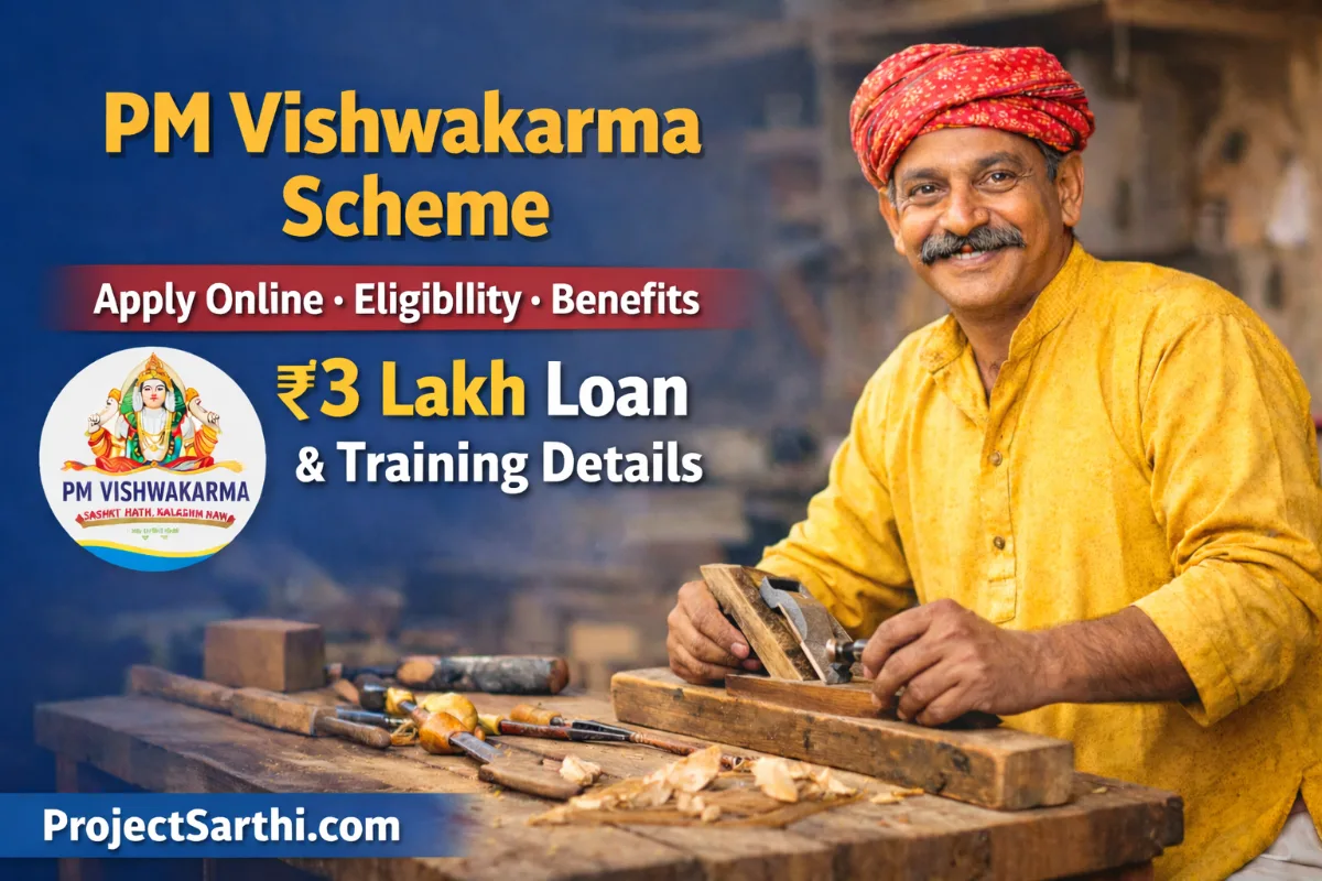 PM Vishwakarma Scheme 2026 artisan carpenter working with tools showcasing apply online eligibility benefits and 3 lakh loan training support