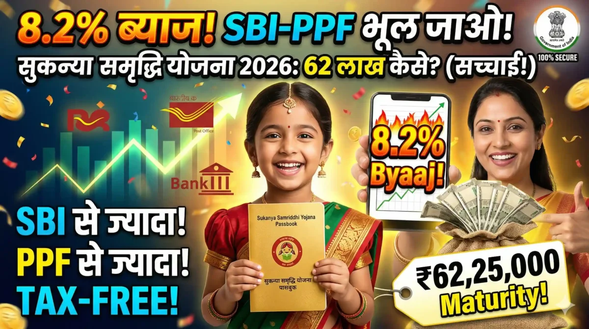 Sukanya Samriddhi Account 2026: कैसे खोलें खाता? 1 A detailed infographic thumbnail for Sukanya Samriddhi Account 2026. A smiling Indian mother and daughter hold an SSY passbook and a money sack.