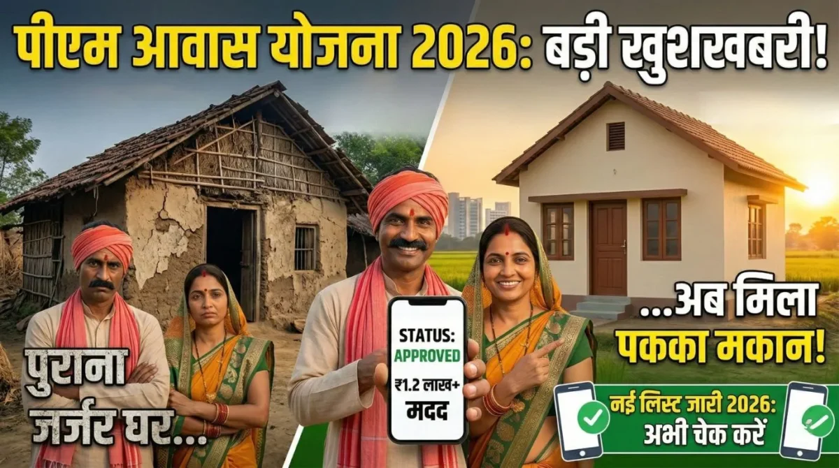 PM Awas Yojana List 2026: नई लाभार्थी सूची जारी — अपना नाम ऐसे चेक करें 1 An infographic for "PM Awas Yojana List 2026" shows a before-and-after comparison. On the left, a run-down mud house with Hindi text "पुराना जर्जर घर..." (Old dilapidated house...). On the right, a new, modern pucca house with Hindi text "...अब मिला पक्का मकान!" (...Now got a pucca house!). A smiling couple in the center holds a smartphone displaying "STATUS: APPROVED" and "₹1.2 लाख+ मदद" (₹1.2 Lakh+ help). A top banner reads "पीएम आवास योजना 2026: बड़ी खुशखबरी!" (PM Awas Yojana 2026: Big Good News!). The bottom banner has "नई लिस्ट जारी 2026: अभी चेक करें" (New list released 2026: Check now). Logos for PTCDarbhanga and Government of India are included. This image is designed to encourage users to check the new PMAY 2026 beneficiary list.