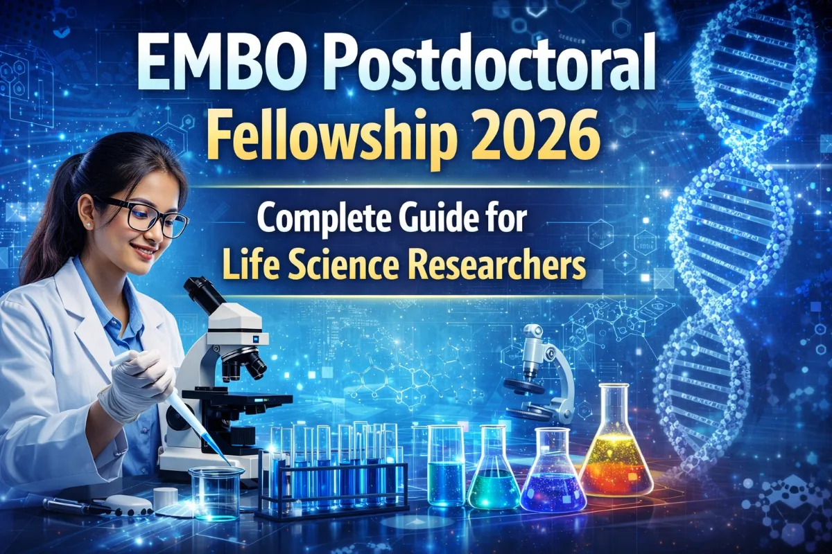 EMBO Postdoctoral Fellowship 2026 image showing life science researcher working in lab with microscope and DNA structure background