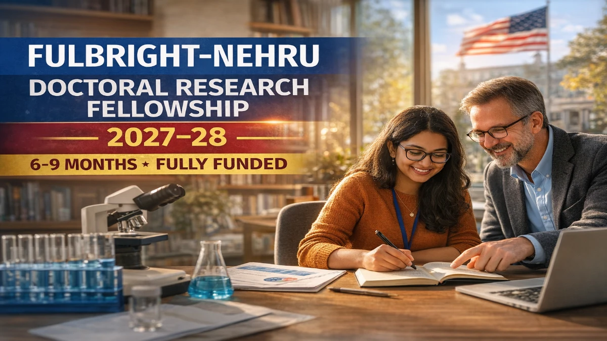 Fulbright-Nehru Doctoral Research Fellowship 2027-28: Dates, Eligibility, and How to Apply 1 Fulbright-Nehru Doctoral Research Fellowship 2027-28 thumbnail showing an Indian PhD scholar with a research mentor in the United States