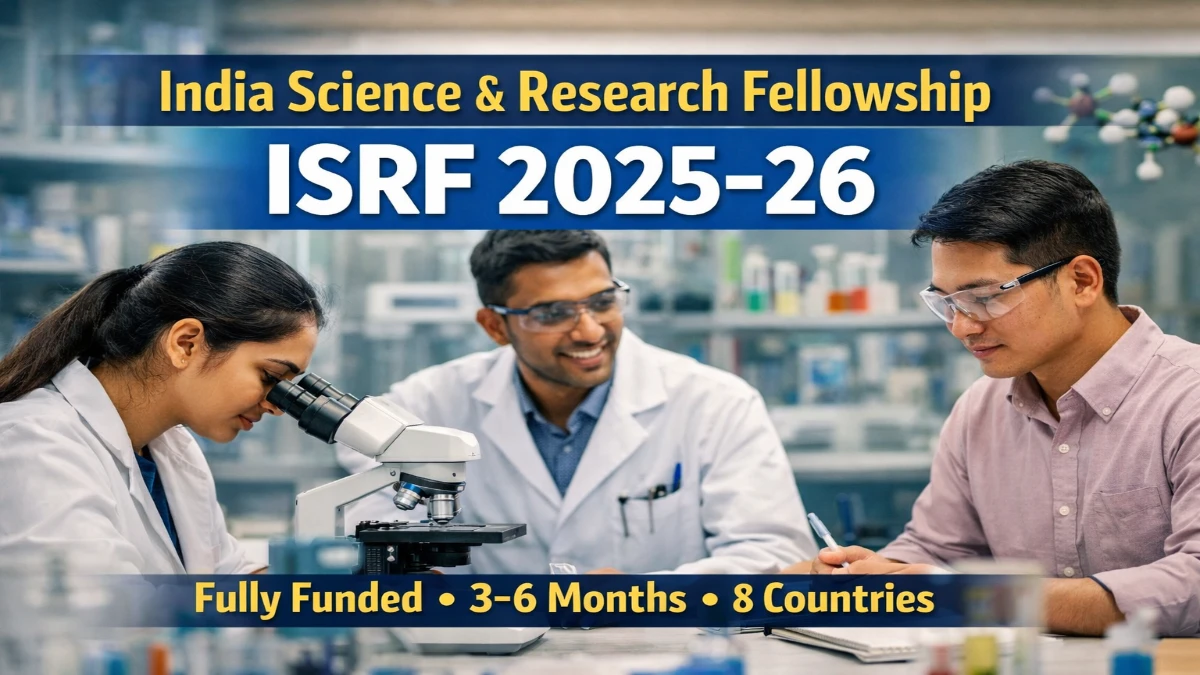 India Science and Research Fellowship (ISRF) 2026: Deadlines, Eligibility 1 India Science and Research Fellowship (ISRF) 2026 thumbnail showing researchers in a laboratory with fellowship details