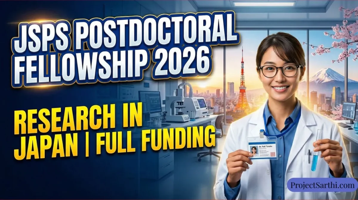JSPS Postdoctoral Fellowship 2026: ¥362,000/Month, Eligibility & How to Apply 1 An infographic informational poster for the "JSPS POSTDOCTORAL FELLOWSHIP 2026". A friendly young East Asian woman, identified as Dr. Yuki Tanaka on her ID badge, is shown smiling in a white lab coat and glasses, holding an ID and a test tube. Large text on the left clearly states: "JSPS POSTDOCTORAL FELLOWSHIP 2026" in bold blue, with "RESEARCH IN JAPAN | FULL FUNDING" below it in bold yellow. The background is a modern research lab with a window view of the Tokyo skyline (including Tokyo Tower), Mount Fuji, and cherry blossoms at dawn, symbolizing research opportunities in Japan.