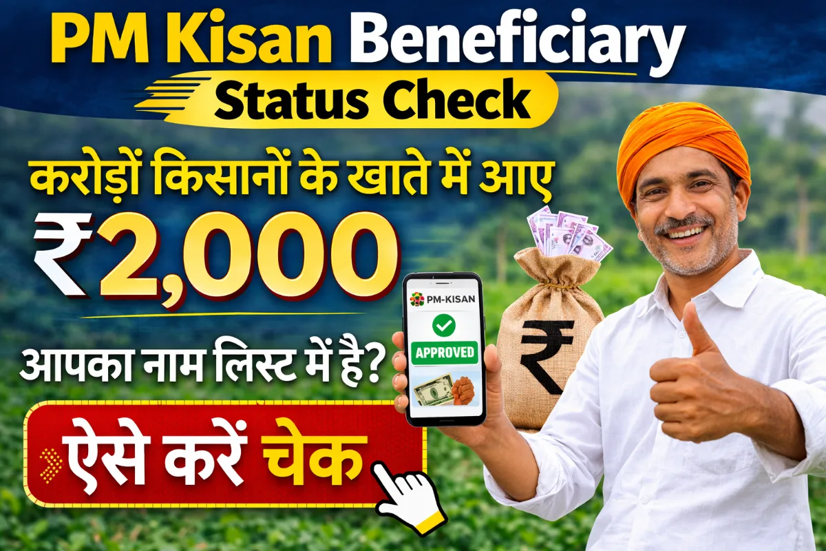 PM Kisan Beneficiary Status Check image showing ₹2,000 payment for farmers and how to check name in PM Kisan beneficiary list