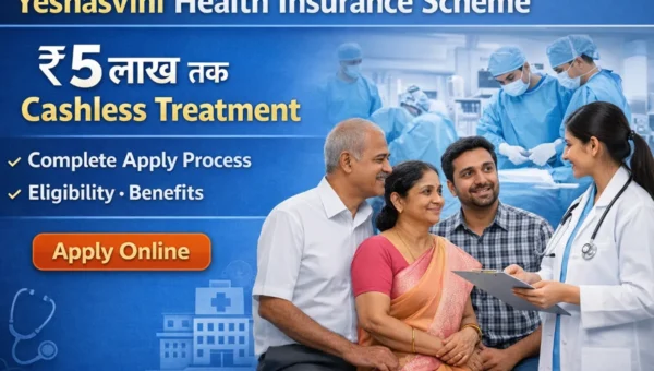 Yeshasvini Health Insurance Scheme Online Apply banner showing ₹5 lakh cashless treatment benefits, eligibility details and application process in Karnataka health insurance scheme