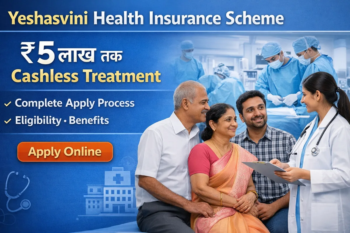 Yeshasvini Health Insurance Scheme Online Apply banner showing ₹5 lakh cashless treatment benefits, eligibility details and application process in Karnataka health insurance scheme